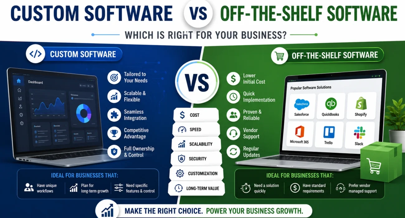 Custom Software vs Off-the-Shelf Software comparison showing scalability, cost, security, and business growth benefits.