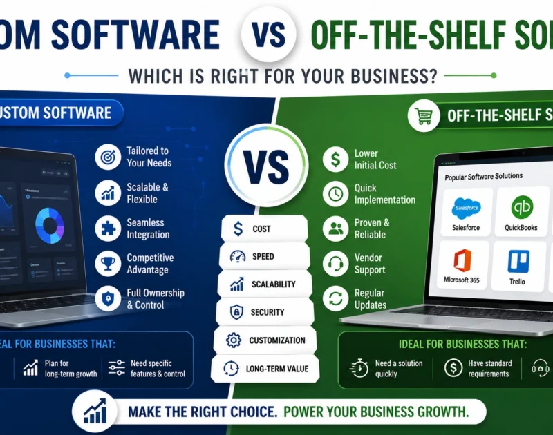 Custom Software vs Off-the-Shelf Software comparison showing scalability, cost, security, and business growth benefits.