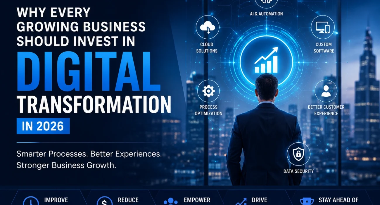 Business professional analyzing digital transformation technologies including AI automation, custom software, cloud solutions, process optimization, and business growth strategies in 2026.