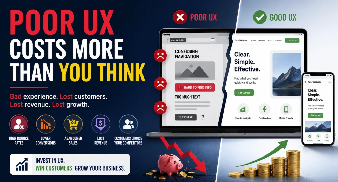 Poor UX costs more than you think illustration showing how bad user experience leads to lost customers, lower conversions, and reduced business growth.