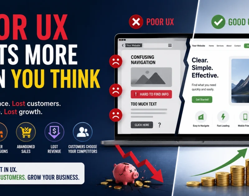 Poor UX costs more than you think illustration showing how bad user experience leads to lost customers, lower conversions, and reduced business growth.